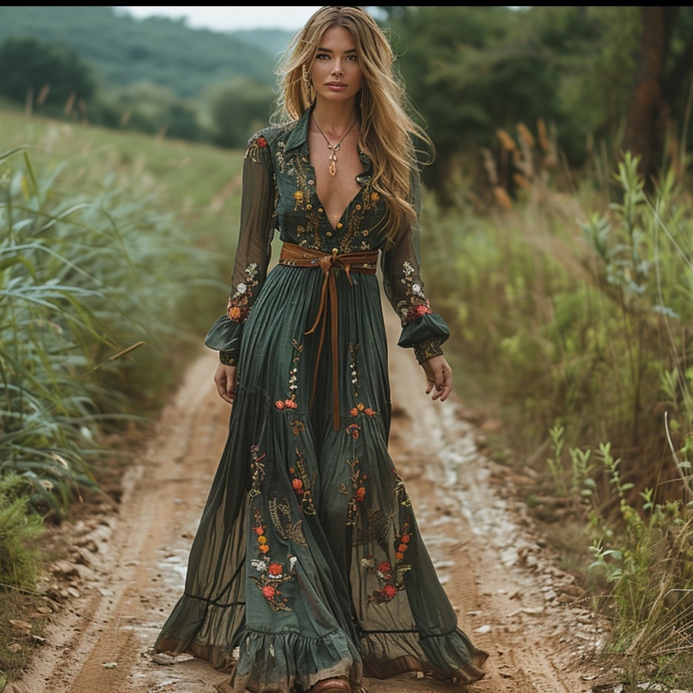 Floral Embroidered Green Dress